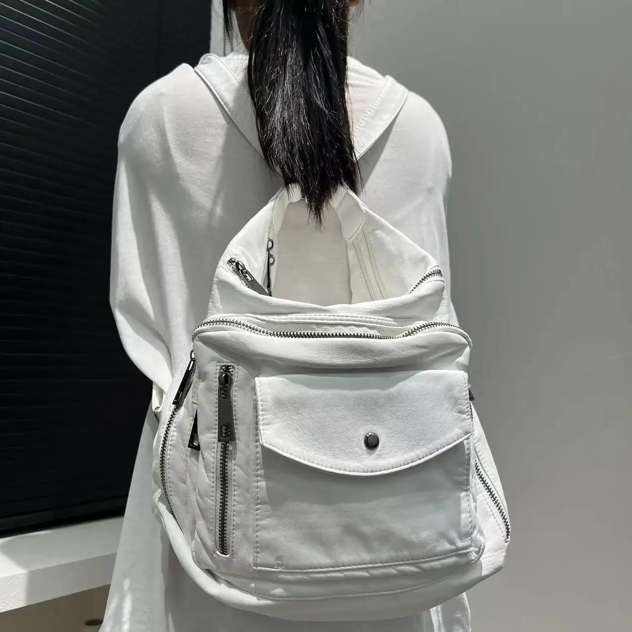 Sac à dos rétro multi-poches pour femme, sac à bandoulière délavé, initié à la moto, grande capacité
