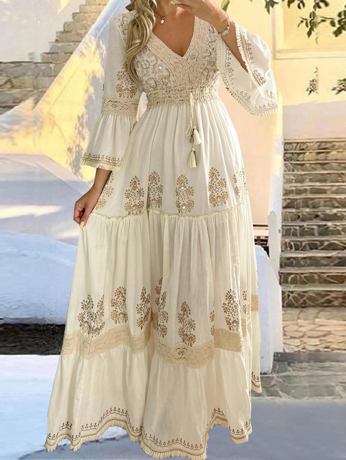 Robe longue pour femme élégante à franges, col en V, manches évasées, style vintage bohème, décontra