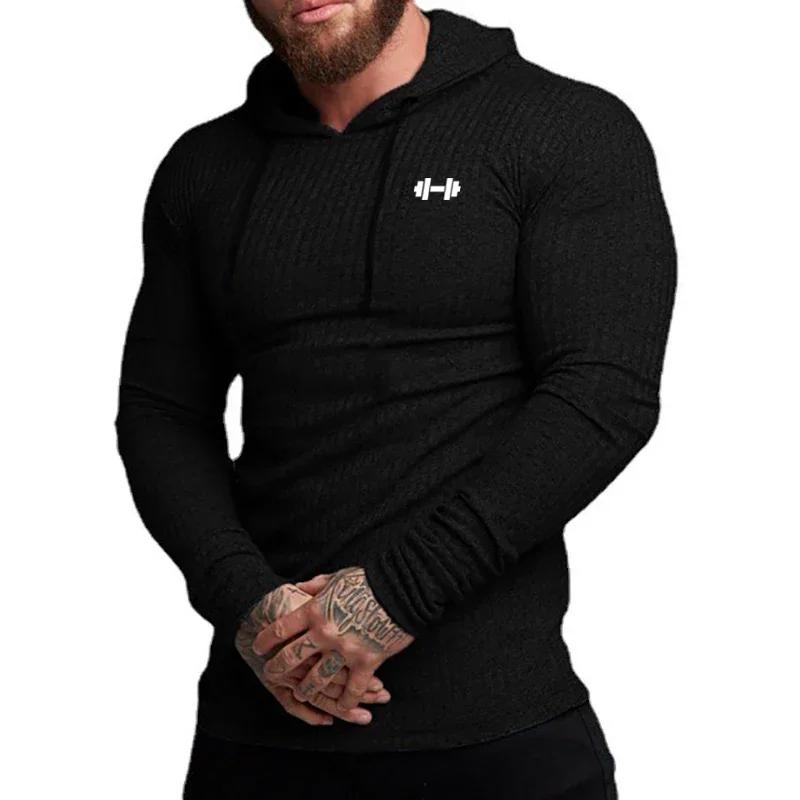 Automne rayé tricoté coupe ajustée chemise à capuche salle de Sport musculation Fitness à manches lo