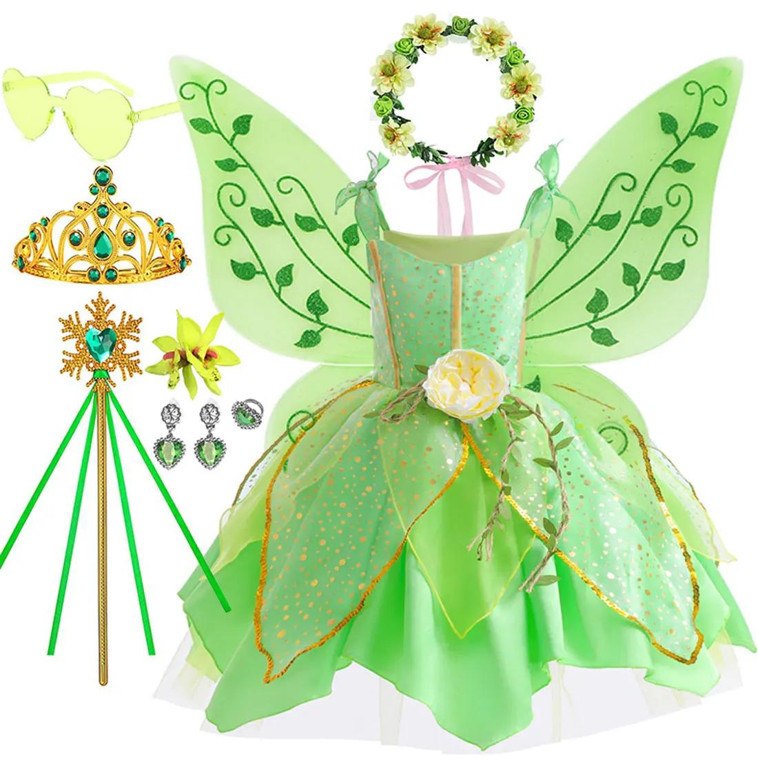 Robe de fée Tinker Bell du film Disney Elf 2026 pour filles, jupe à bretelles verte avec ailes et fl