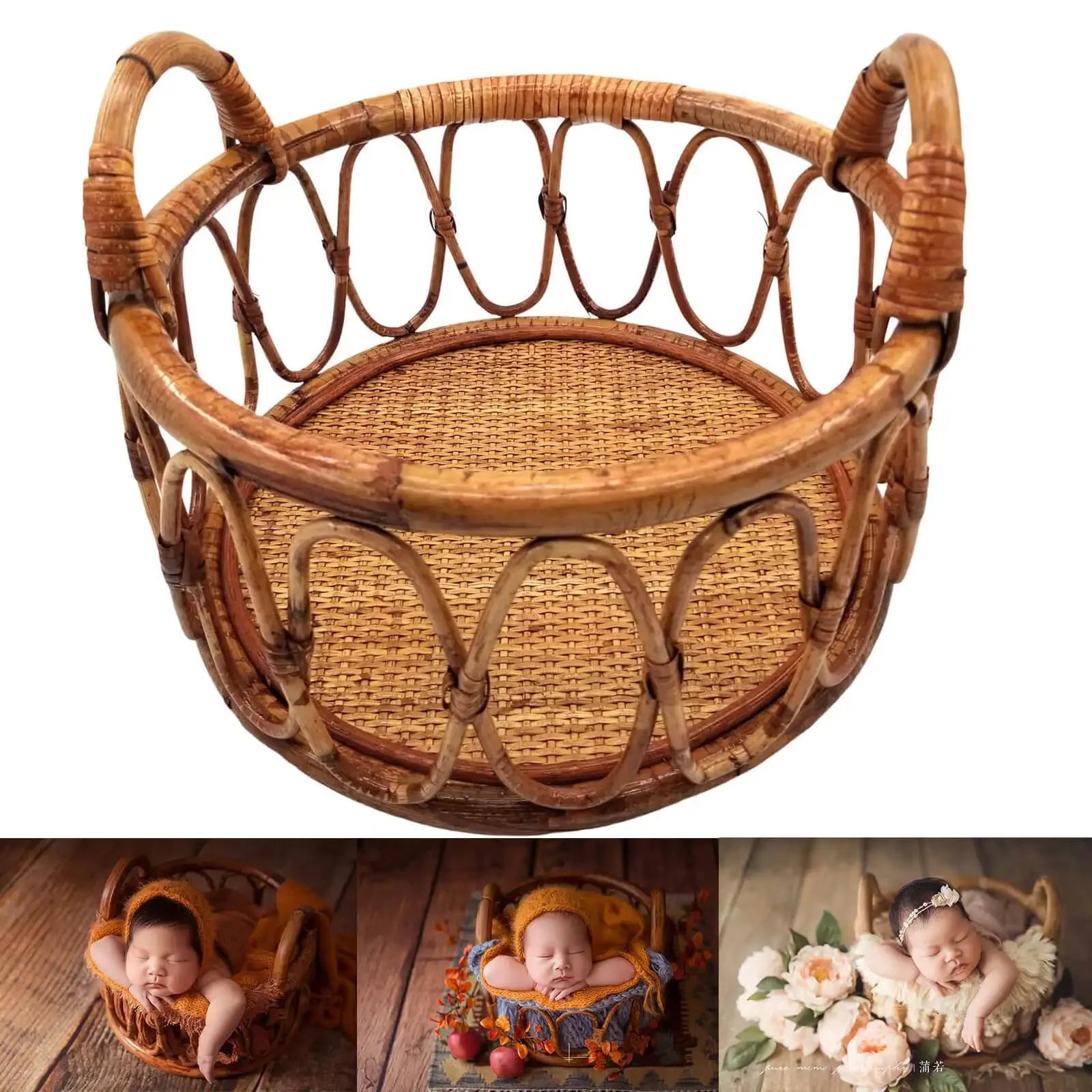 Accessoires de photographie pour nouveau-nés, panier rond tissé en rotin pour bébé, accessoires de p