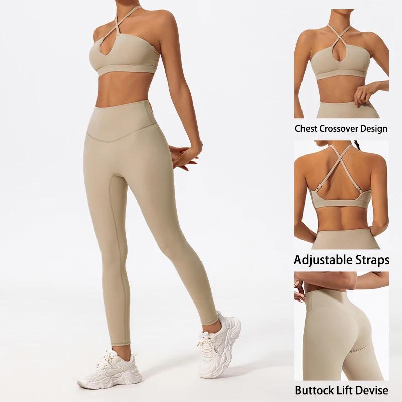 Ensemble sport deux pièces Ctenkevet pour femmes - Soutien-gorge bandeau croisé et leggings yoga gym