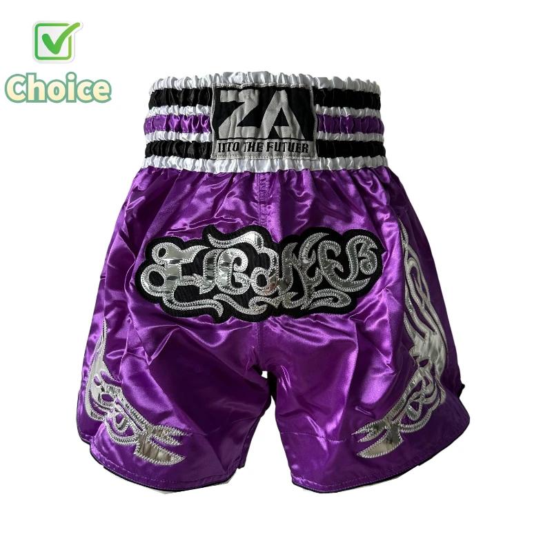 Short Muay Thai short de boxe thaïlandais traditionnel hommes femmes enfants violet noir Satin brodé