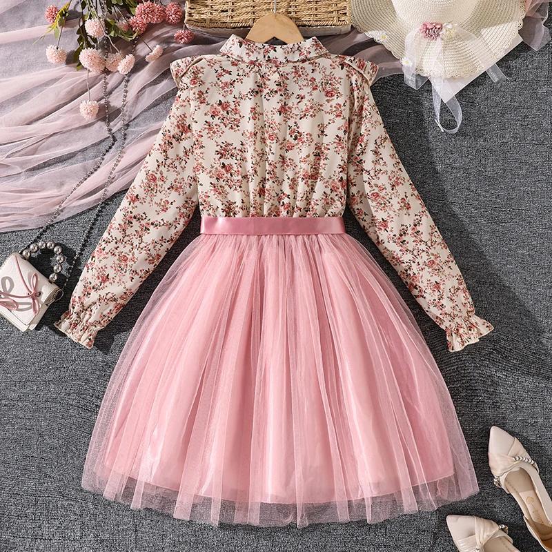 Robe de Style paysan pour filles de 8 à 12 ans, imprimé Floral, revers, ourlet en maille rose, douce