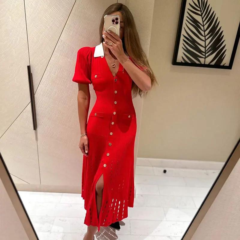 Robe évidée à simple boutonnage pour femmes, élégante robe à revers, manches courtes, chic, rouge, n