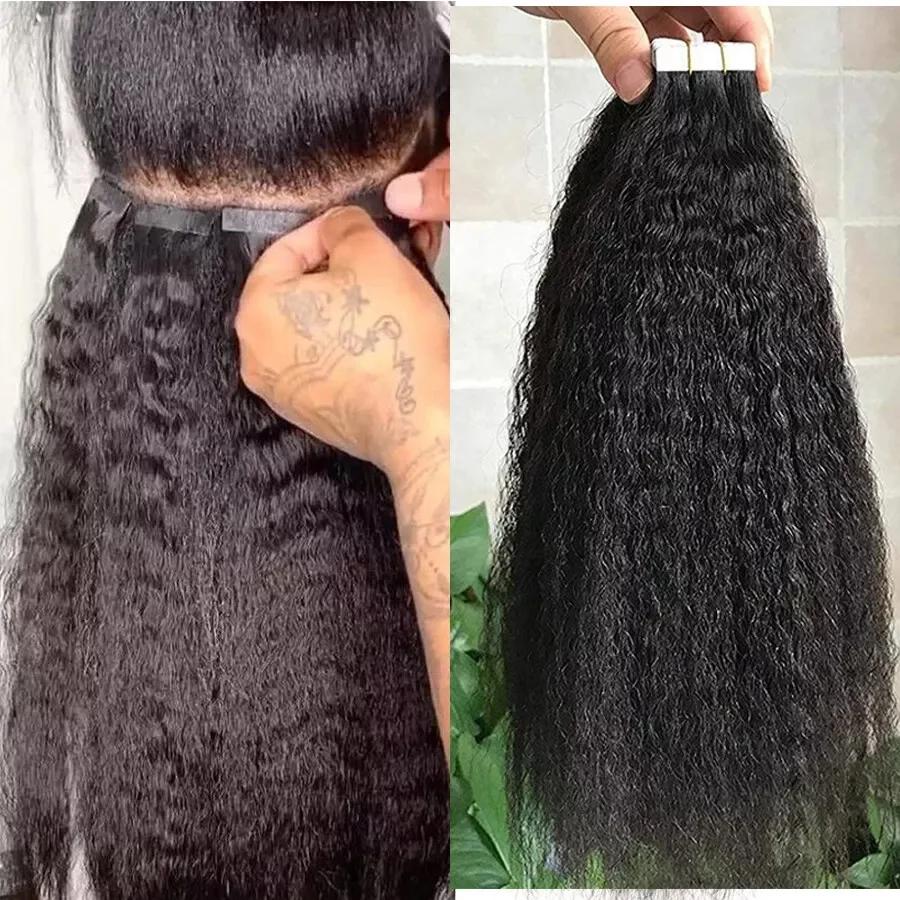 Bande dans les Extensions de cheveux humains crépus droits Extensions adhésives de cheveux brésilien
