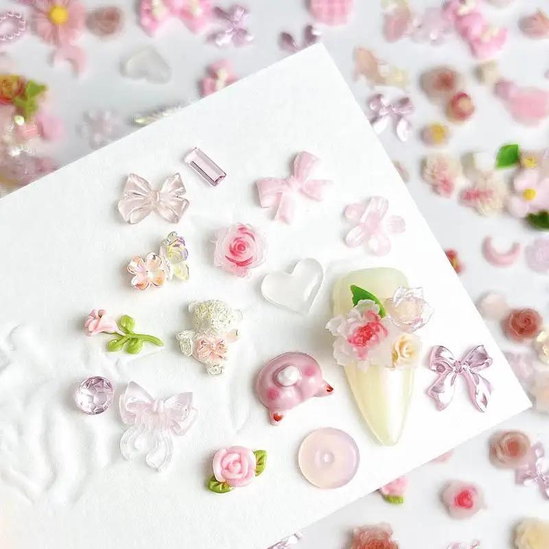 Breloques en résine 3D pour les ongles, mélange aléatoire, rose doux, fleur rose, accessoires de déc