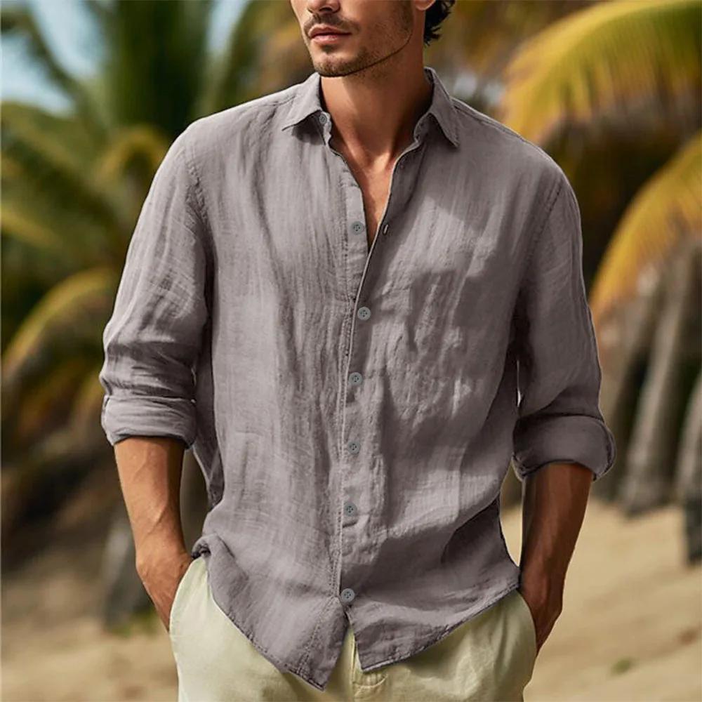Chemises en coton et lin pour hommes, col rabattu, chemise hawaïenne solide, légère et respirante, c