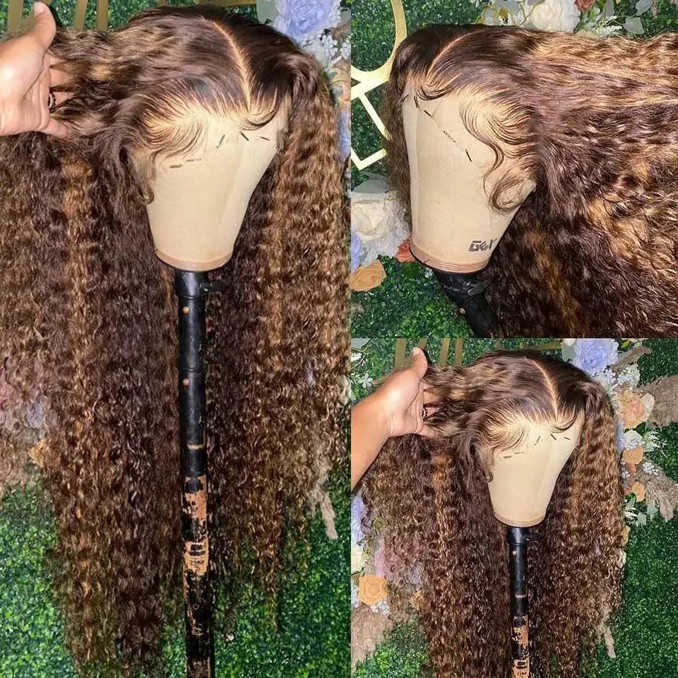 Perruque Lace Front Wig Naturelle Bouclée, Cheveux Humains, Deep Water Wave, 13x4, à Reflets Brun Mi