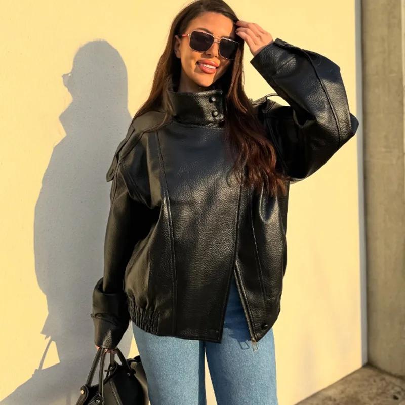 HXAO veste noire manteau femme veste en simili cuir vêtements d'extérieur Demi-saison Bomber Moto Bi