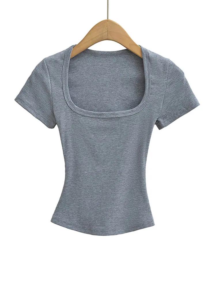 Haut court à col carré pour femmes, coupe cintrée, pull à manches courtes, très extensible, chemisie