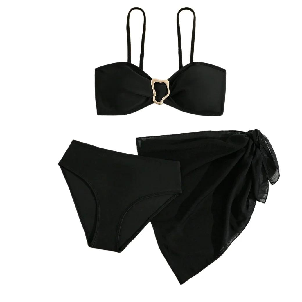 Ensemble de maillots de bain 3 pièces pour adolescentes 2026 – Bikini décoré de boucles métalliques,