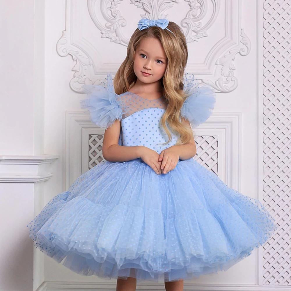 Robes de mariée à fleurs pour filles, bleu ciel, élégantes, col rond, sans manches, à pois, en dente