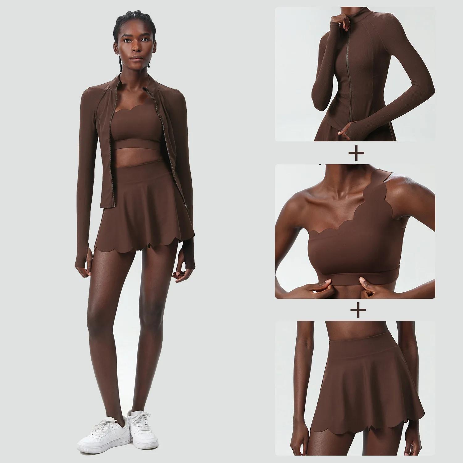 Ensemble de 3 pièces de fitness et de yoga pour femme, vêtements d'entraînement, jupe de tennis, res