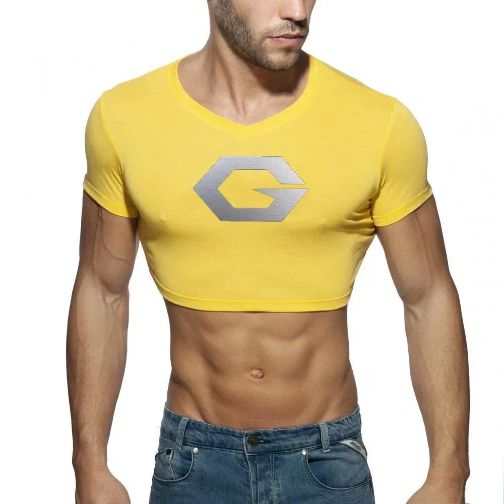 Hommes Sexy haut court coupe ajustée réservoir recadrée gilet musculaire à manches courtes t-shirt c