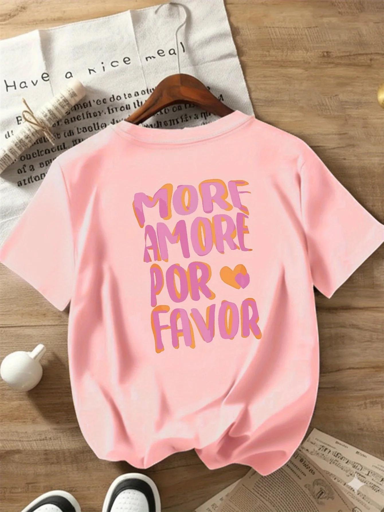 PLUS AMORE POR FAVOR T-Shirt manches courtes col rond femme imprimé rose avec coeurs Harajuku manche