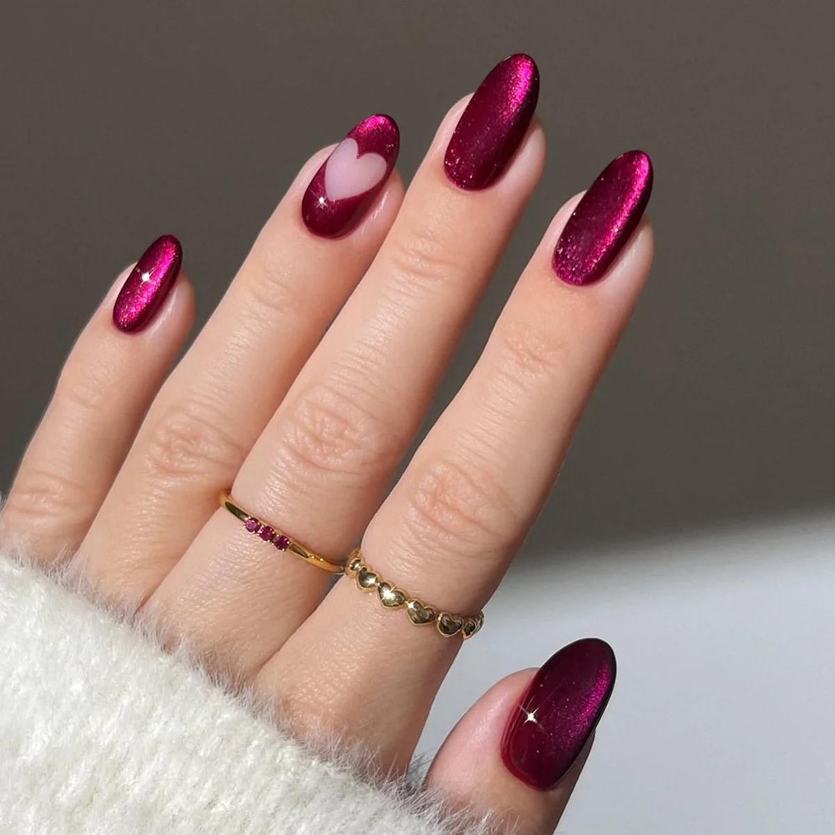 Faux ongles en forme d'oeil de chat rouge Rose, amande, manucure Simple, DIY, 24 pièces, à pression,