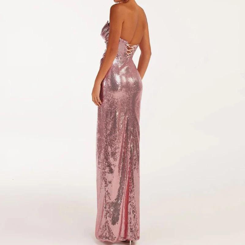 Robe de soirée sans bretelles à paillettes de couleur rose avec une fente sur les cuisses, robe long