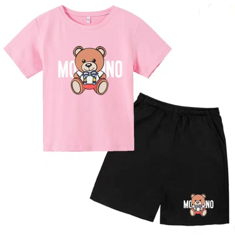 T-shirt d'été à col rond pour enfants, ensemble deux pièces avec imprimé ours Kawaii pour filles et