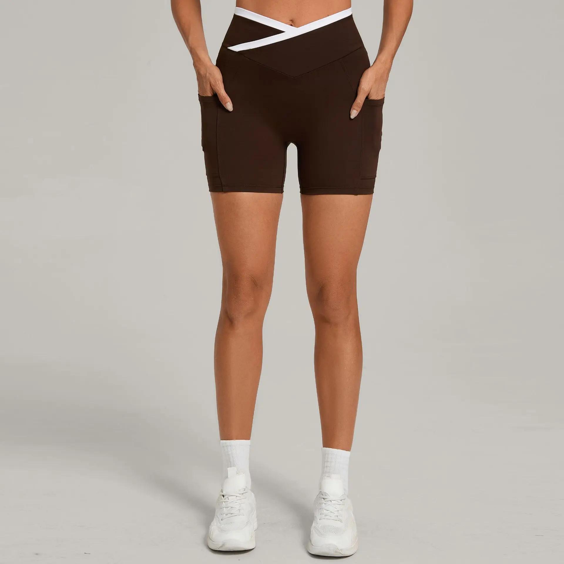 Shorts de yoga pour femmes Ningyu, taille croisée, avec poches, respirants, pour la course, le cycli