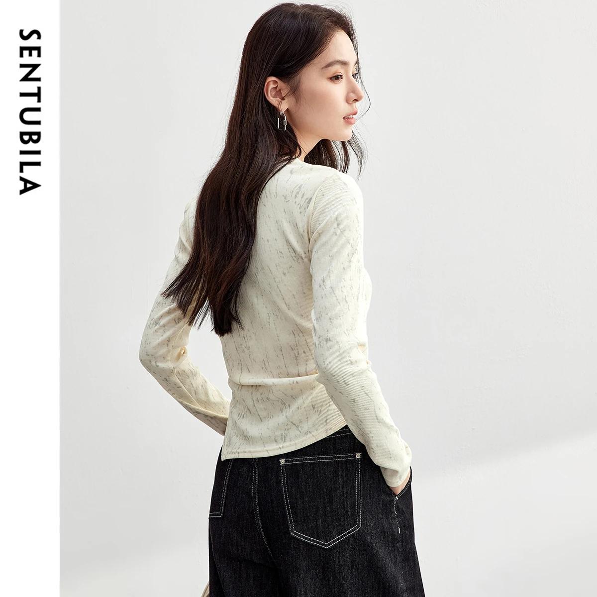 T-shirt en coton imprimé SENTUBILA pour femme, plissé irrégulier, tricoté, col rond, manches longues