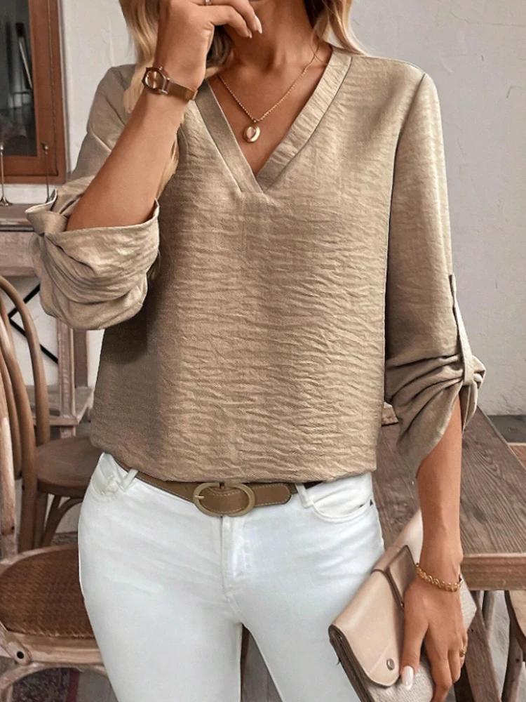 Dames élégant Simple col en v trajet couleur Pure manches à revers décontracté sophistiqué chemise t