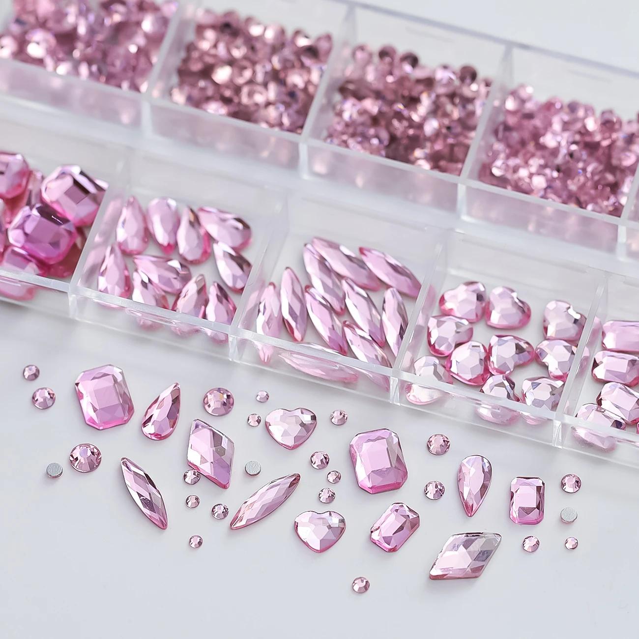 Strass 3D rose pour Nail Art, 12 grilles, pierres précieuses en verre à dos plat, décorations pour N