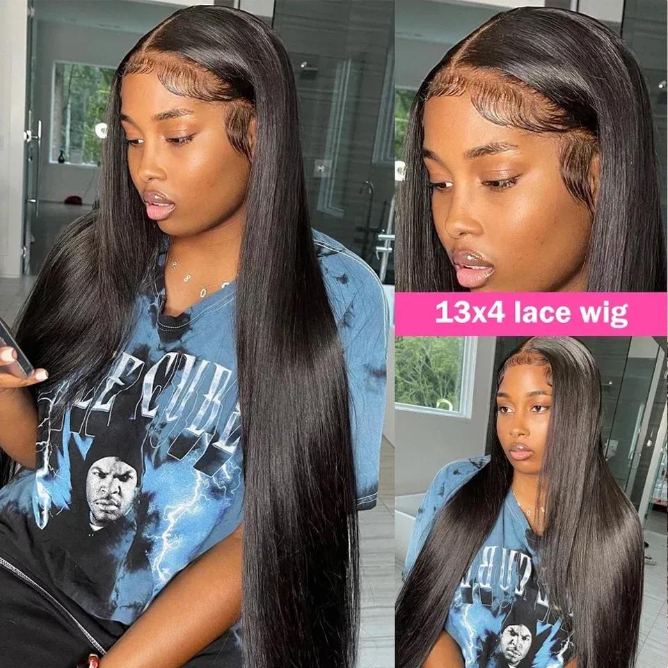 Perruque Lace Wig naturelle brésilienne, cheveux lisses, 13x4, pre-plucked, pour femmes africaines,