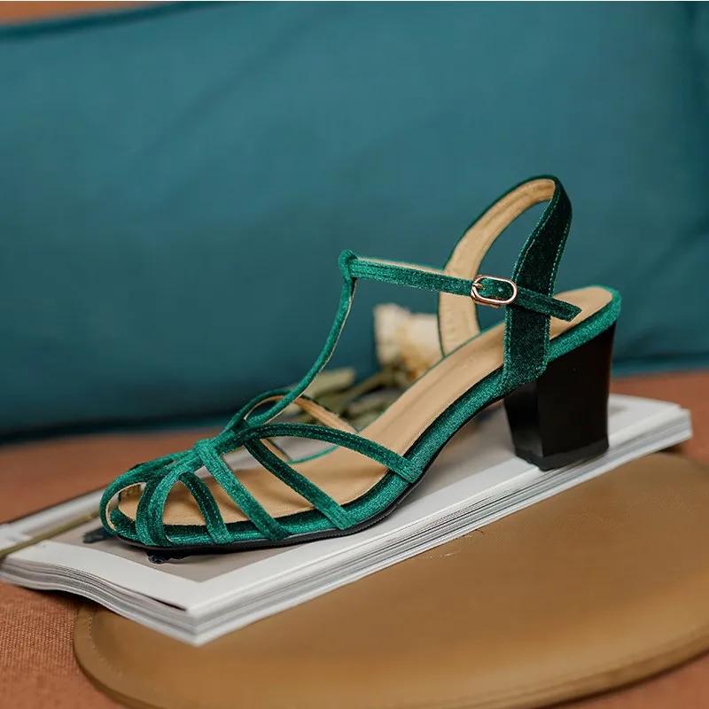 Sandales rétro en velours pour femmes, chaussures de printemps vintage, gladiateur avec sangle, Park