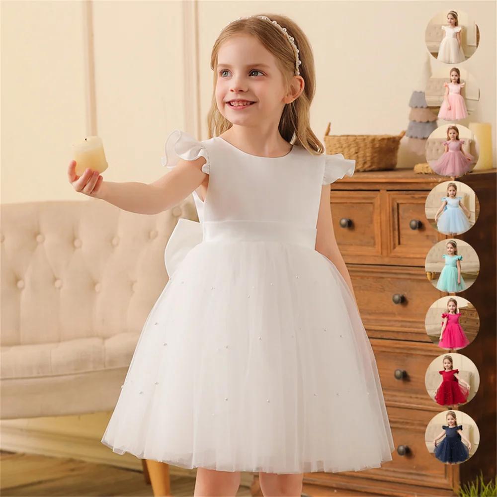 Robe en tulle bleu à dos nu pour petite fille, tenue de fête, princesse, avec nœud papillon