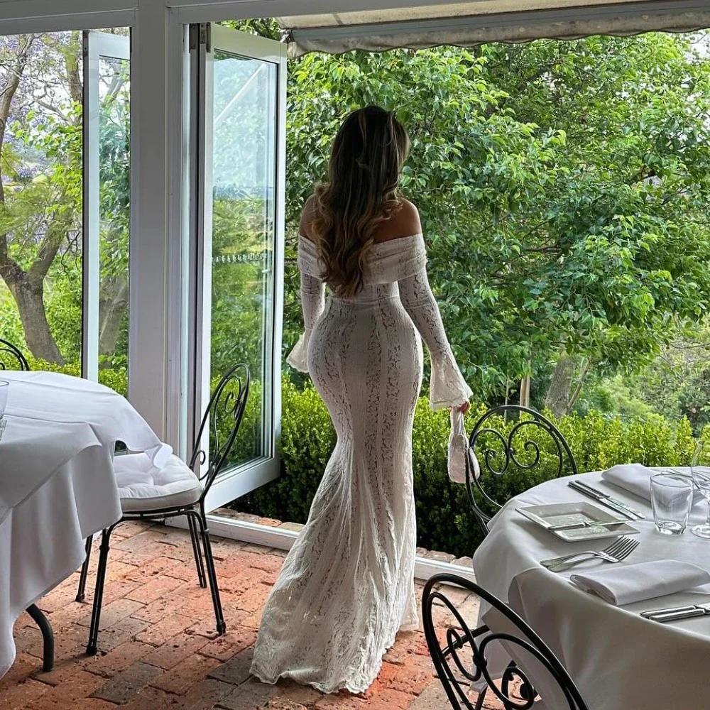 Oligai Robe Longue Dentelle Blanche Femme 2024 - Robe Épaules Dénudées Manches Évasées Bodycon pour