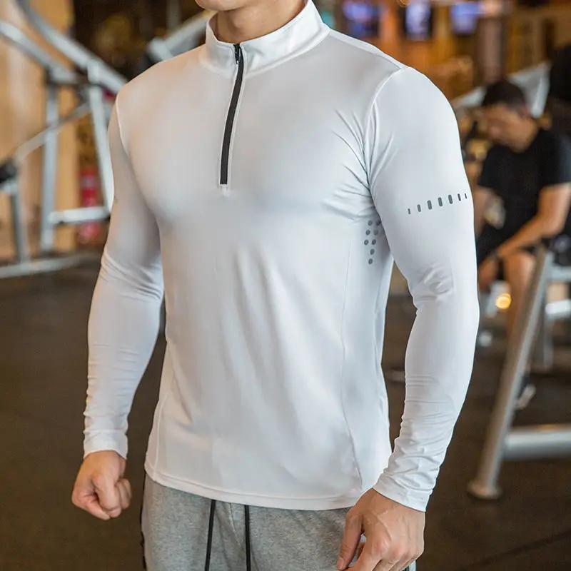 T-shirt de sport à manches longues pour hommes, coupe cintrée, demi-fermeture éclair, col montant, p