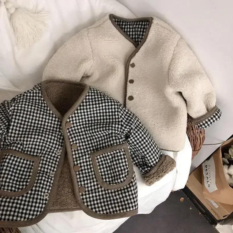HoneyCherry automne et hiver nouvelle veste chaude enfants deux côtés porter Plaid en peluche veste