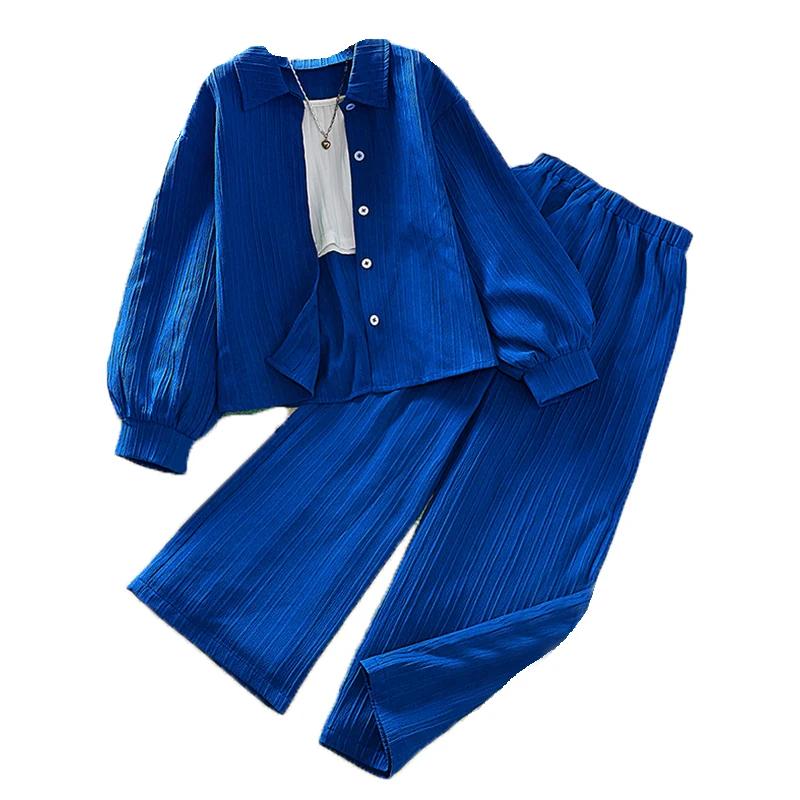 Ensembles pour filles de 4 à 16 ans, chemise, manteau à manches longues + pantalon Long ample et déc