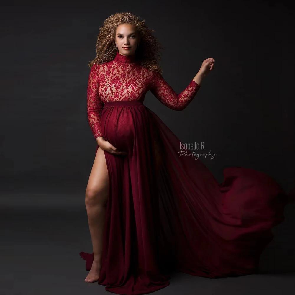 Robe d'accessoires de photographie de maternité, body en dentelle extensible, jupe fendue sur les cô