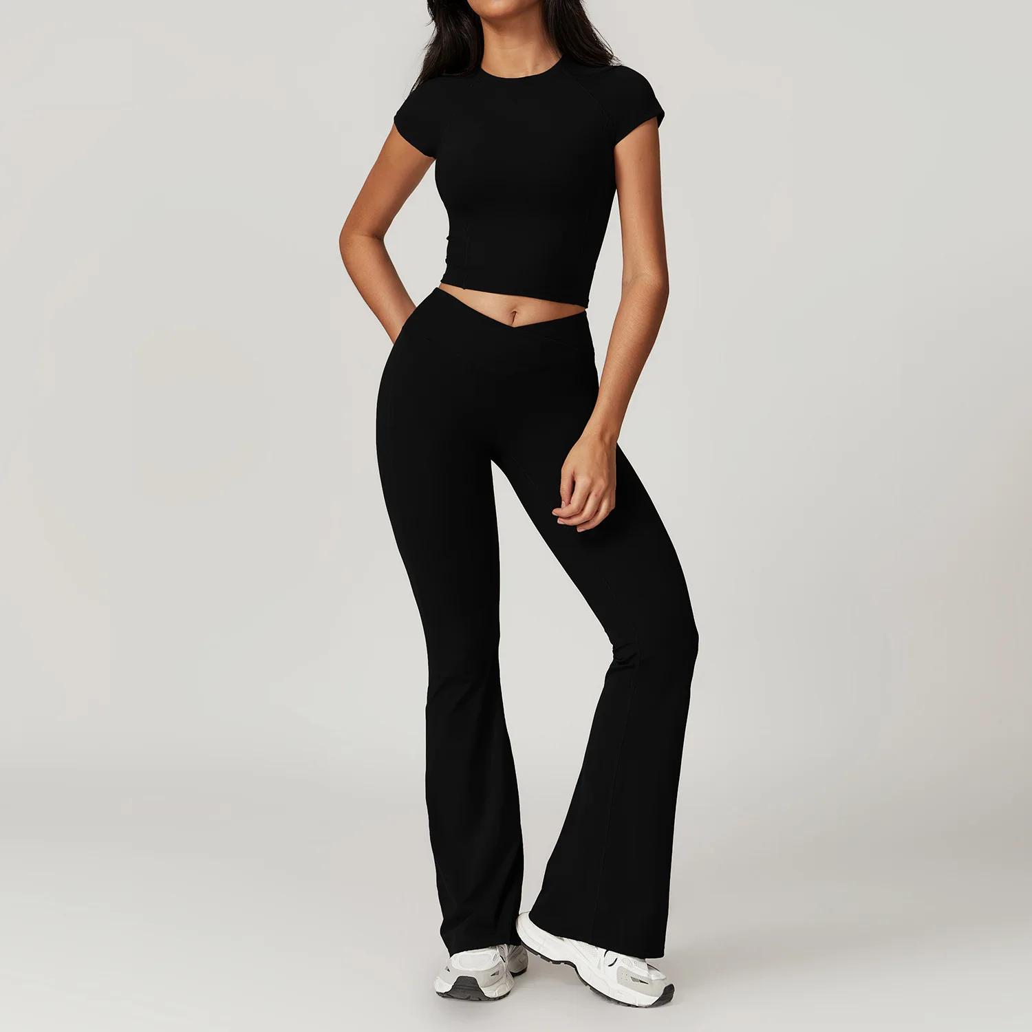 Ensemble yoga 2 pièces pour femmes - Haut court manches courtes et leggings fitness sport gym