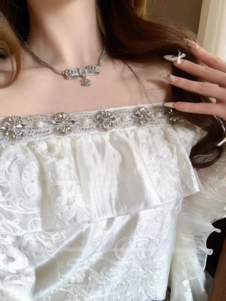 SMTHMA Haut brodé de luxe de haute qualité avec col en V élastique et diamants