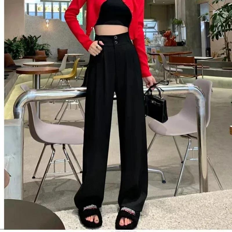 Pantalon à jambes larges pour femmes, élégant, Style coréen, taille haute, Baggy noir, bureau, mode