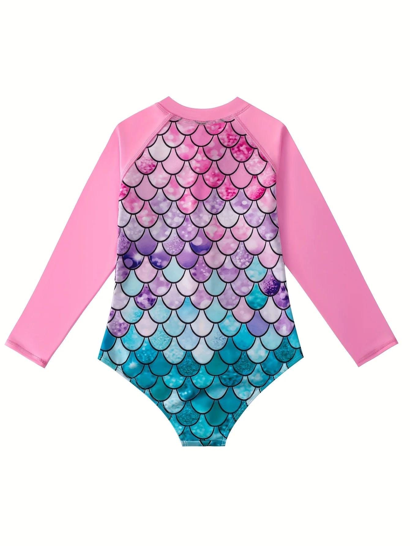 Maillot de bain sirène irisé pour filles de 3 à 8 ans, manches longues, protection contre les érupti