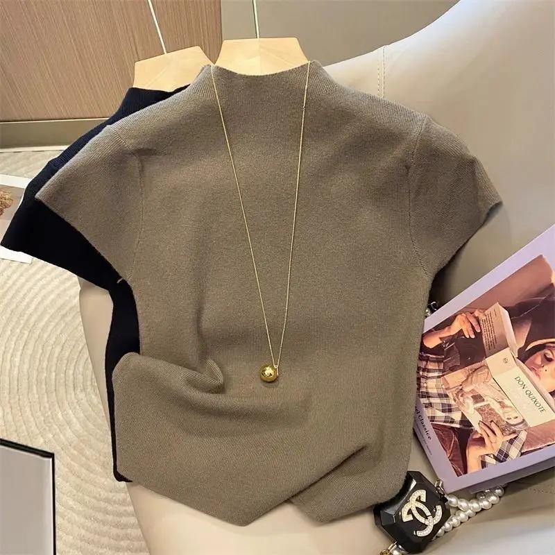 Pull à col roulé pour femme, basique, couleur unie, fin, tricoté, Slim, manches courtes, moulant, ét