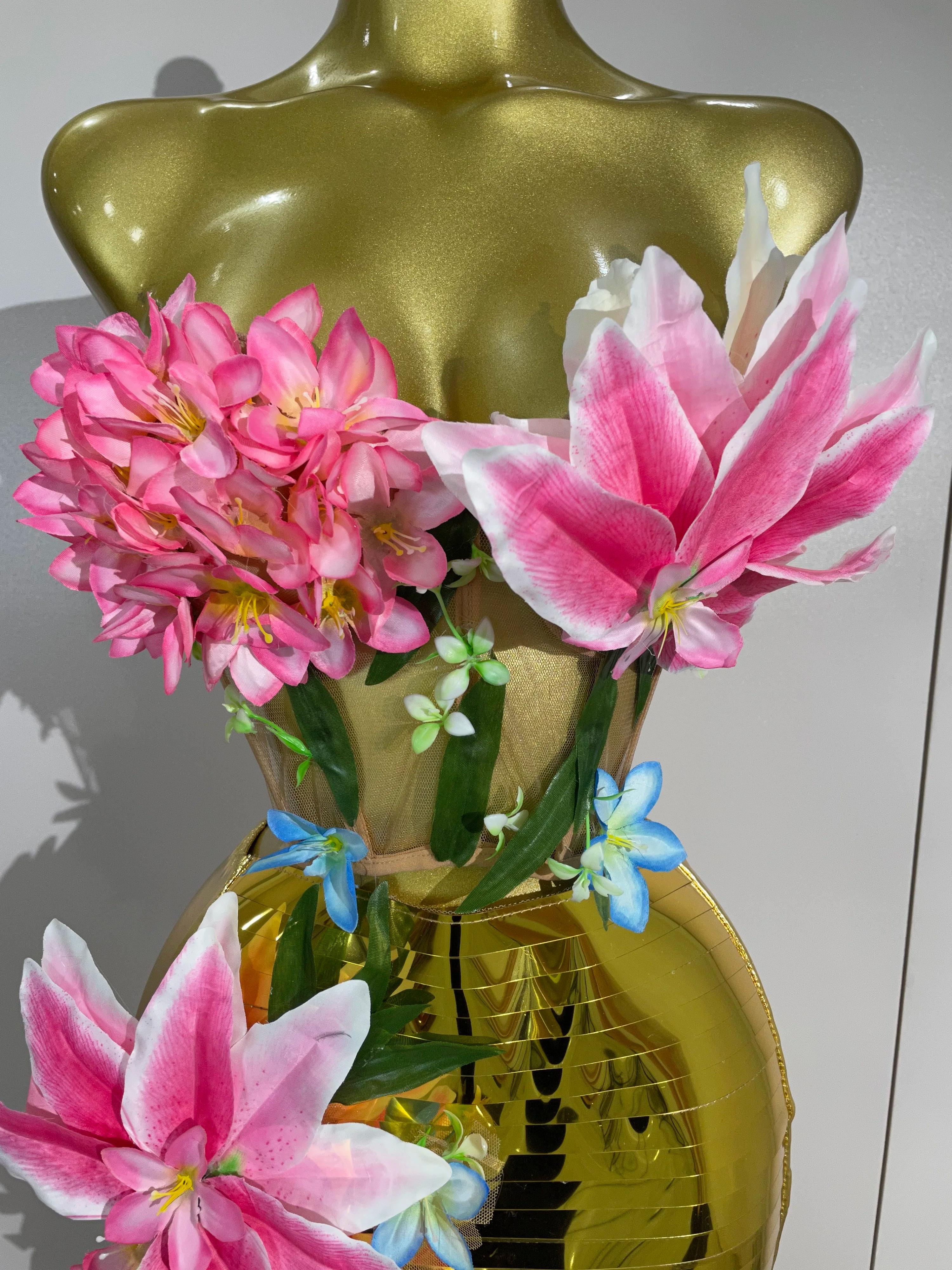 Ensemble deux pièces pour femme, haut en maille dorée à fleurs 3D élégant, robe longue moulante, soi