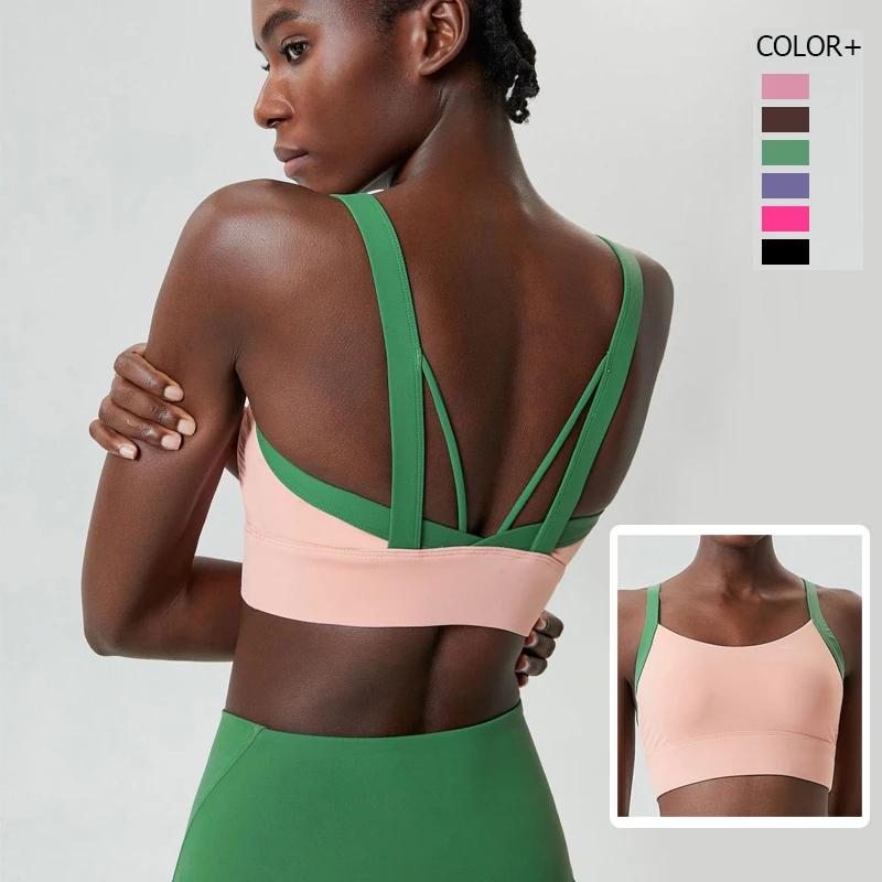 Soutien-gorge de sport pour femme, extensible, doux, sexy, dos croisé, crop top de gym, patchwork te