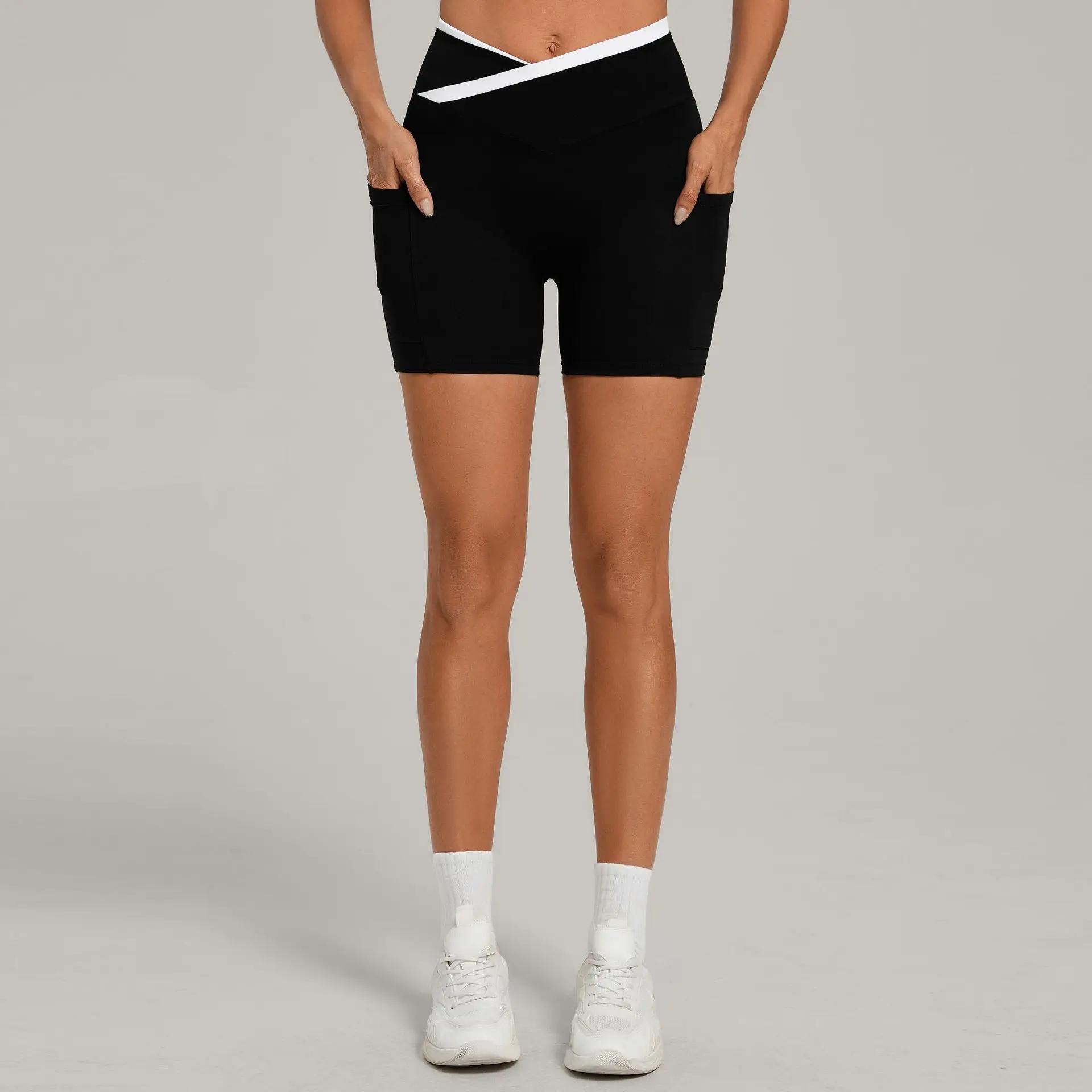 Shorts de yoga pour femmes Ningyu, taille croisée, avec poches, respirants, pour la course, le cycli