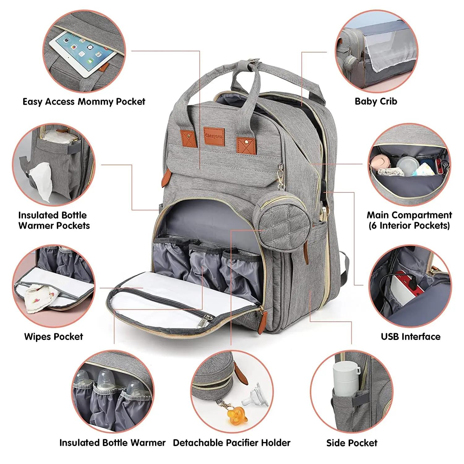 Sac à langer 3 en 1, sac à dos pliable pour lit de bébé, sac de voyage étanche avec chargeur USB, sa