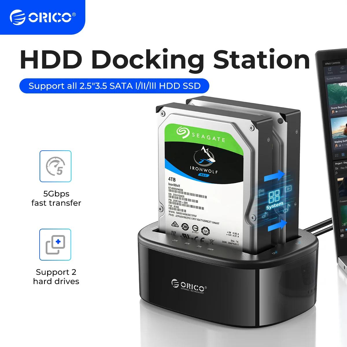 ORICO Station d'accueil pour disque dur double baie pour 2.5/3.5 pouces HDD SSD SATA vers USB 3.0 St