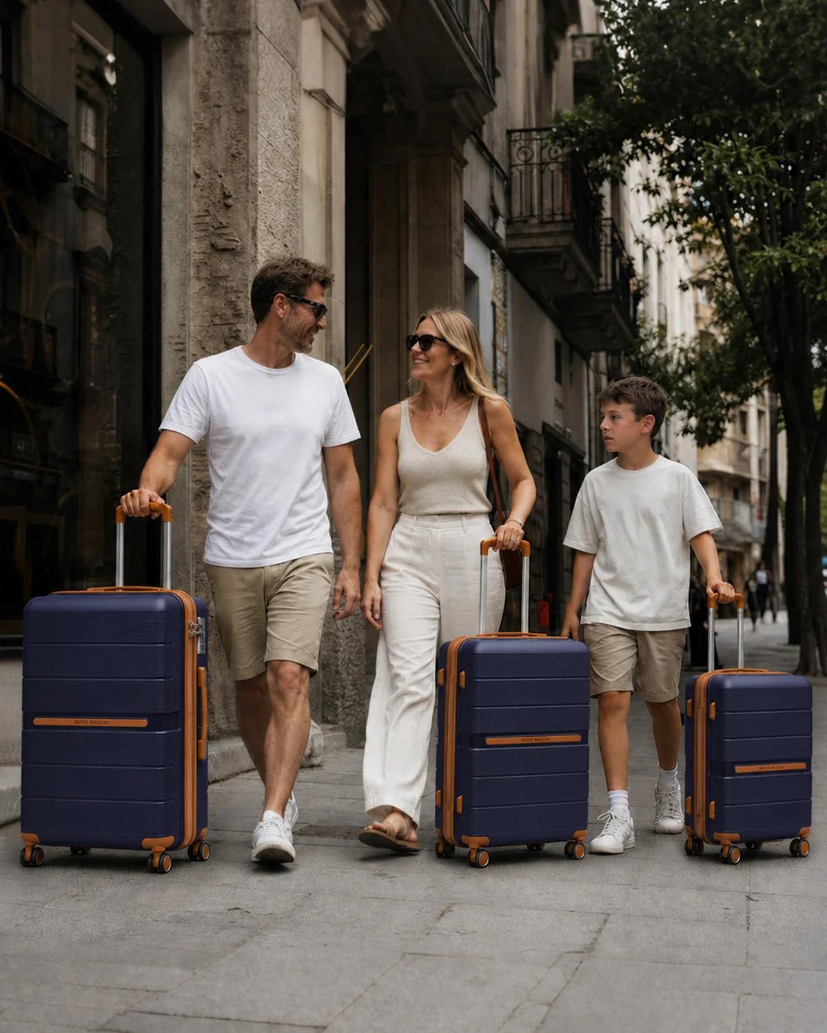 British Traveller 3 pièces ensemble de valises 100% PP 8 roues spinner serrure TSA bagage à main rigide bleu foncé