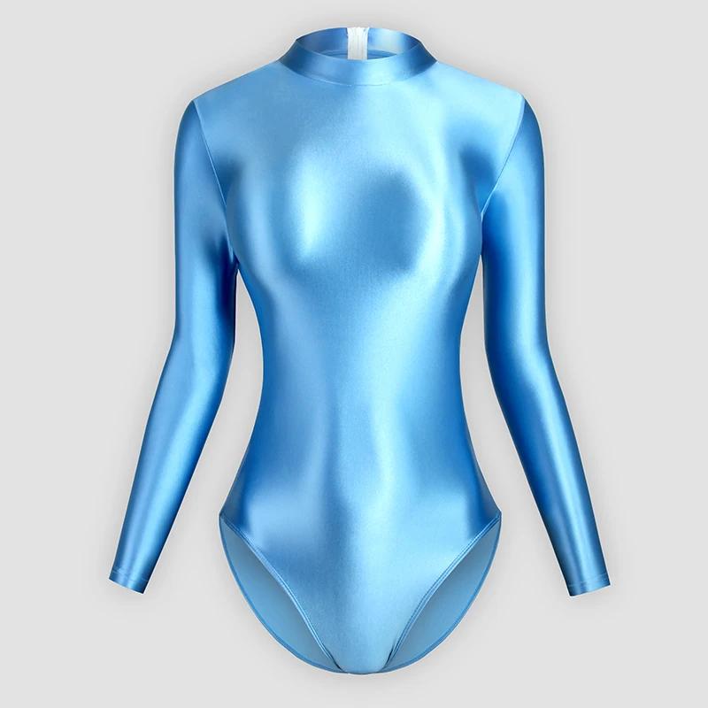 Maillot de bain une pièce satin brillant japonais dos serré fermeture zip coupe haute manches longues