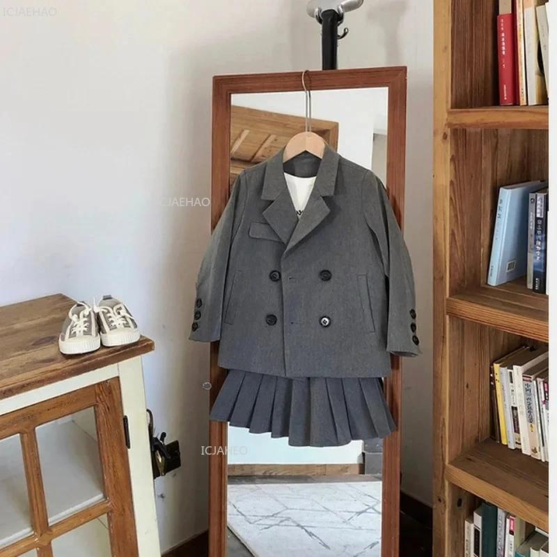 Costume pour bébés filles et garçons, hauts pour enfants, manteaux, veste, gris britannique, vêtements pour enfants, mode, ensembles de costumes à Double boutonnage, printemps automne