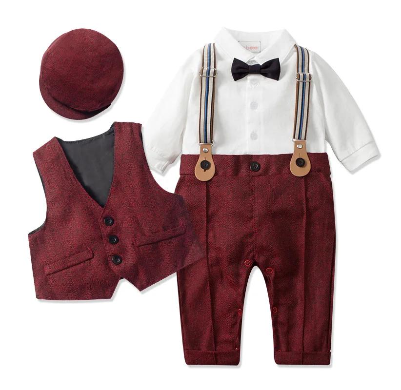Bébé garçons Gentleman tenues costumes vêtements printemps et automne enfants une pièce barboteuses veste chapeau costume bébé garçon vêtements