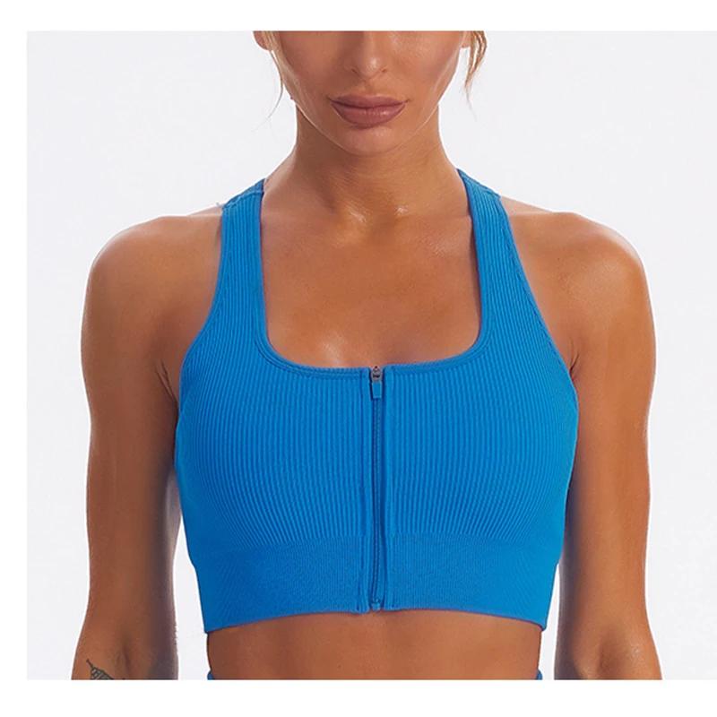 Soutien-gorge Push Up extérieur pour femme - Haut court avec fermeture éclair fitness gym course yoga